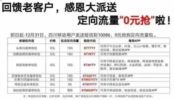 四川移动0撸多款定向流量